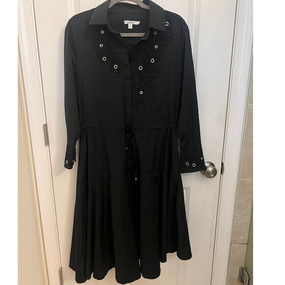 Chico's Whimsigoth Poplin Lace Grommet Midi Dress Black Sz 6 asymmetrical Witchy - Picture 5 of 11